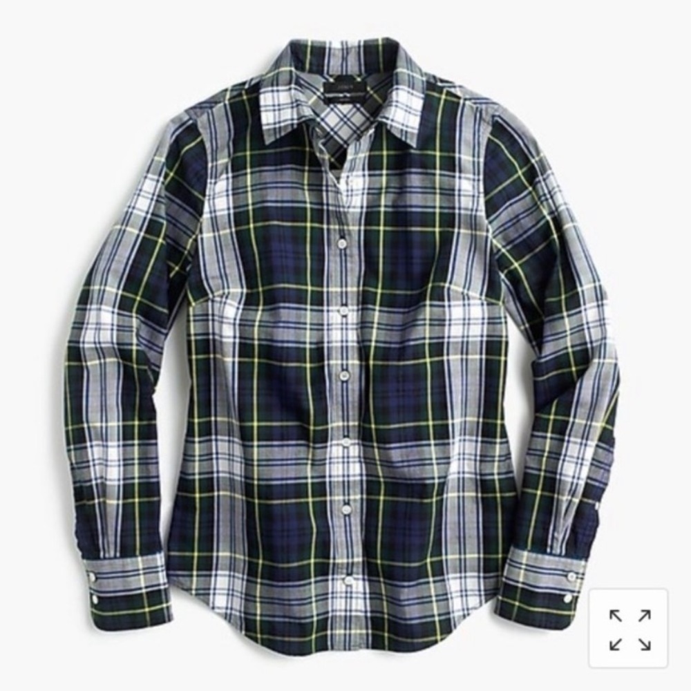 J. Crew Navy Stewart Plaid Perfect Button Down Shirt Blouse Green Yellow Plaid